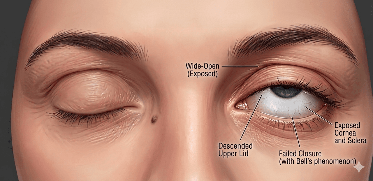 Clinical photograph of lagophthalmos showing incomplete eyelid closure β wide-open exposed eye with descended upper lid, failed closure with Bell's phenomenon, and exposed cornea and sclera