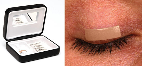 Close-up of an eye with a medical kit being placed near it. The kit is used for treatment details.